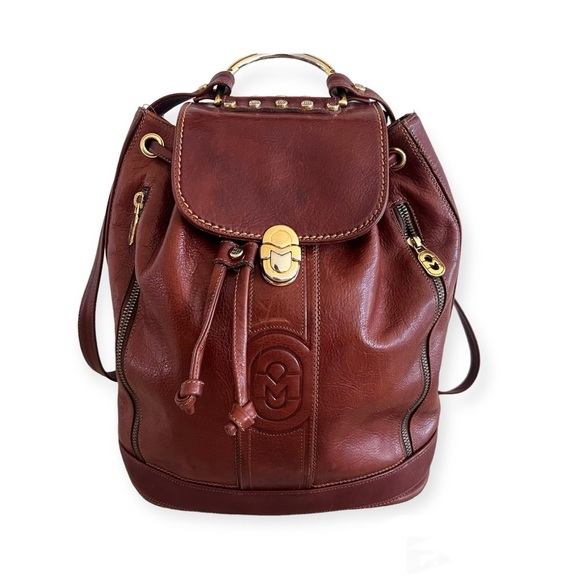 Marino Orlandi Cognac Leather Drawstring Bucket Sling Bag Backpack - Picture 1 of 16
